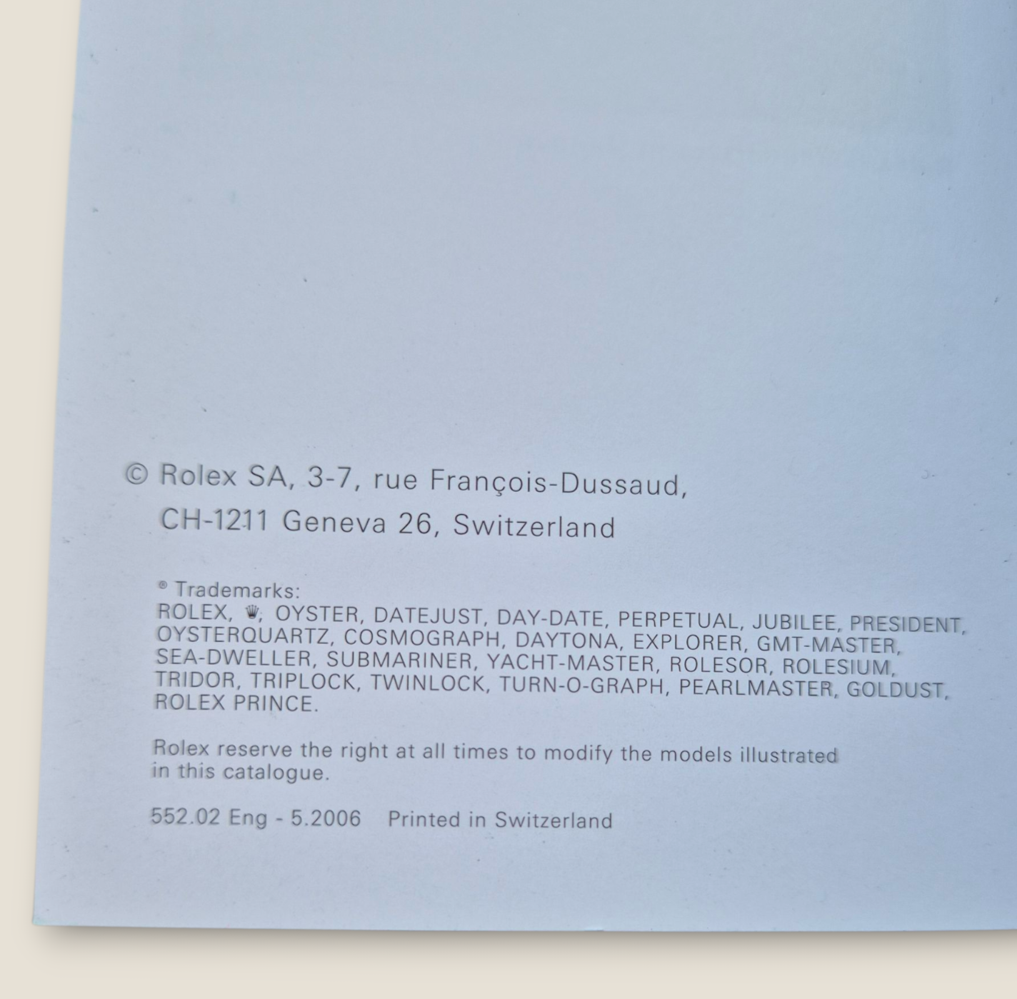 Rolex Datejust instruction manual 552.02 Eng 5.2006 + Rolex Wallet & Calendar card 2005-06