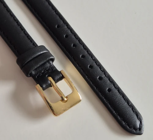 12mm Black leather watch strap lightly padded calf grain with square gold plated buckle