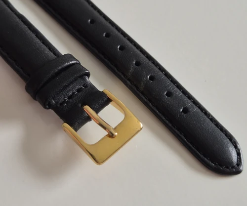 14mm Black leather watch strap padded calf grain with square gold plated pin buckle