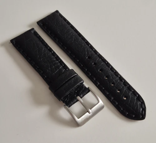 22mm Black leather watch strap thick stitching Napoli style with stainless steel pin buckle
