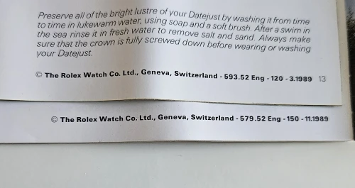 Rolex Datejust manual 1989 + Your Oyster set 593.52 Eng - 120 - 3.1989 + 579.52 Eng - 150 - 11.1989