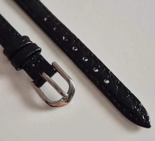 12mm Black leather strap Crocodile grain with Stainless steel buckle