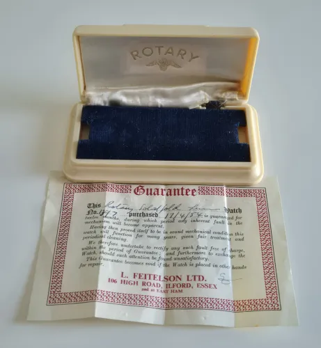 Vintage Rotary bakelite watch box with paperwork Circa 1950s