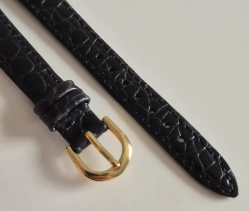 14mm Black leather watch strap Crocodile grain with tapered gold plated pin buckle