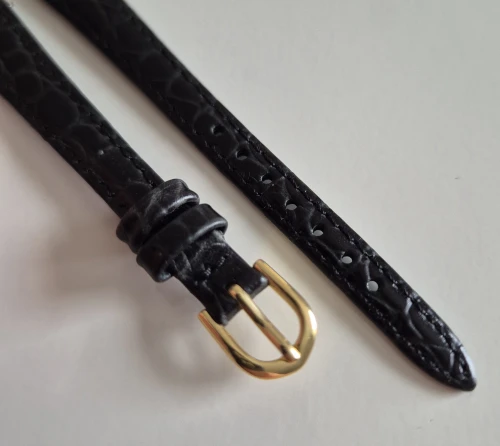 12mm Black leather strap Crocodile grain with Gold plated buckle