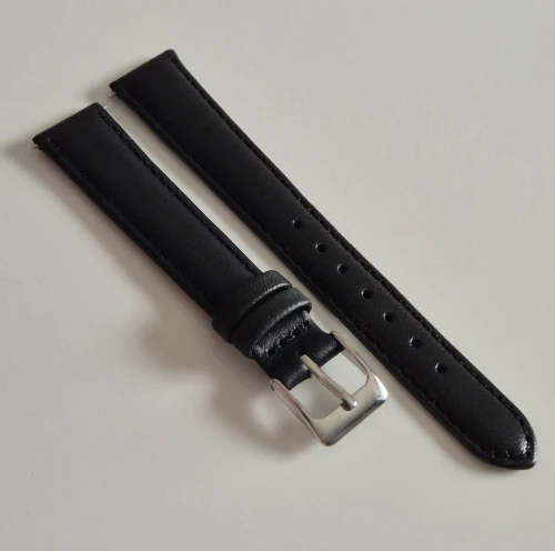 14mm Black leather watch strap Calf grain with square stainless steel pin buckle