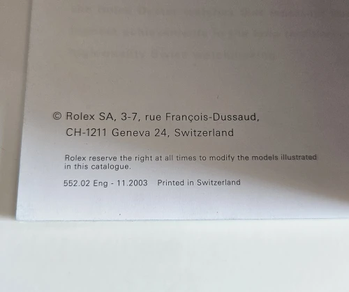 Rolex Datejust Instruction manual 2003 + Calendar card 552.02 Eng 11.2003