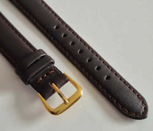 14mm Dark brown leather watch strap classic calf grain with gold plated pin buckle