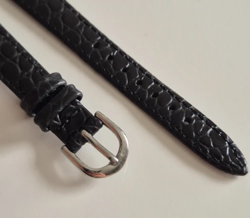 14mm Black leather watch strap Crocodile grain with tapered stainless steel pin buckle