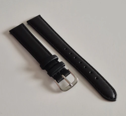 14mm Black leather watch strap calf grain with stainless steel pin buckle