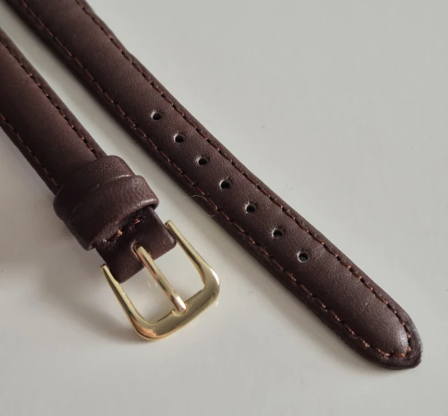 12mm Brown leather watch strap calf grain with gold plated pin buckle