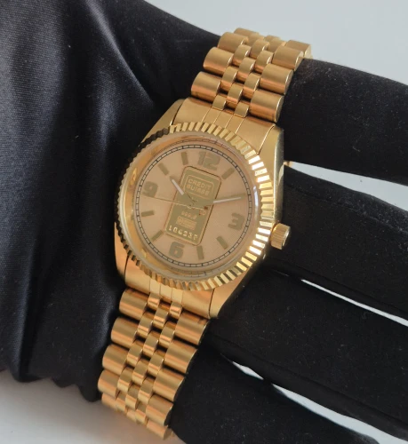 Swiss Ingot Quartz watch Solid 24ct gold ingot in dial Champagne dial Gold plated