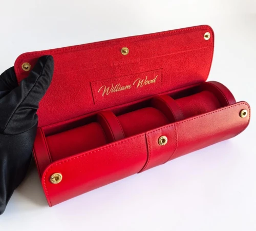 Wiliam Wood 3 watch roll Red leather travel case