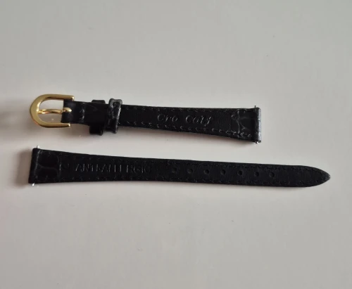 12mm Black leather strap Crocodile grain with Gold plated buckle