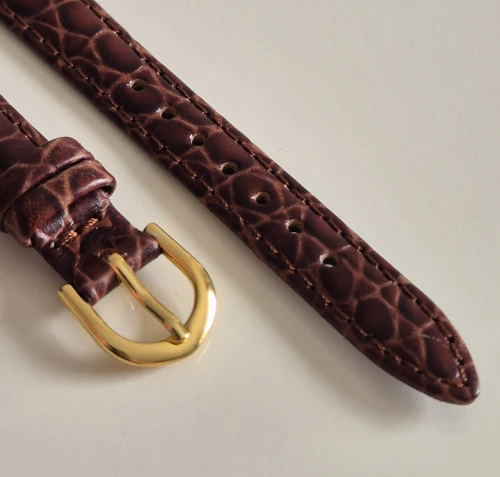 14mm Brown leather watch strap Crocodile grain with tapered gold plated pin buckle