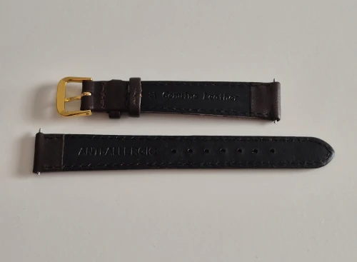 14mm Dark brown leather watch strap classic calf grain with gold plated pin buckle