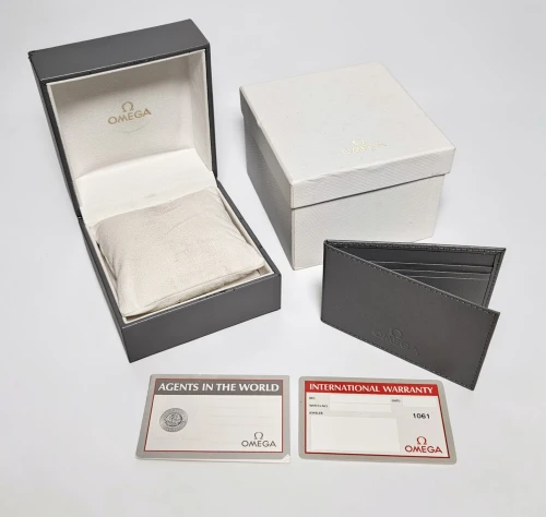 Omega grey watch box with blank guarantee papers circa 1990-2000s