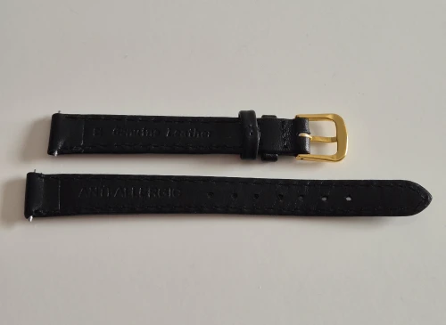 12mm Black leather watch strap calf grain with gold plated pin buckle