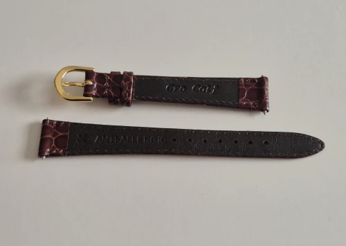 14mm Brown leather watch strap Crocodile grain with tapered gold plated pin buckle