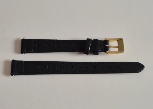 12mm Black leather watch strap lightly padded calf grain with square gold plated buckle