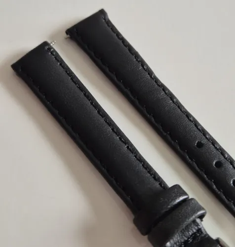 12mm Black leather watch strap light padding with square stainless steel pin buckle