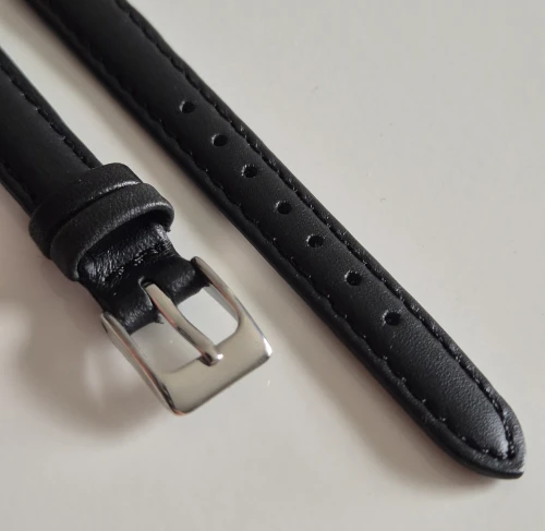 12mm Black leather watch strap light padding with square stainless steel pin buckle