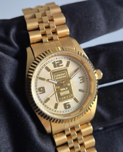 Swiss Ingot Quartz watch Solid 24ct gold ingot in dial Champagne dial Gold plated