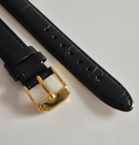 14mm Extra long black leather watch strap Alligator grain with gold plated pin buckle