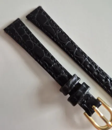 12mm Black leather strap Crocodile grain with Gold plated buckle