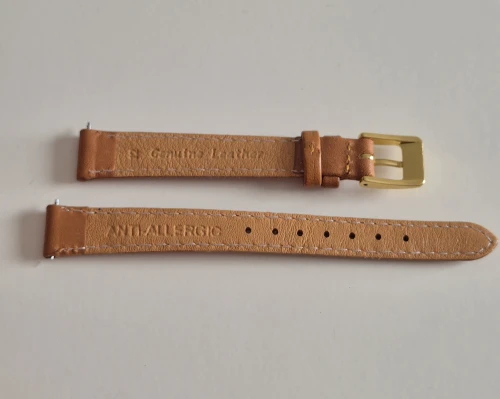12mm Tan brown leather watch strap light padding with gold plated pin buckle