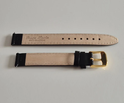 14mm Extra long black leather watch strap Alligator grain with gold plated pin buckle