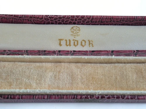 Vintage Tudor watch box Ladies flat lay design paper mache outer Circa 1930-1940s
