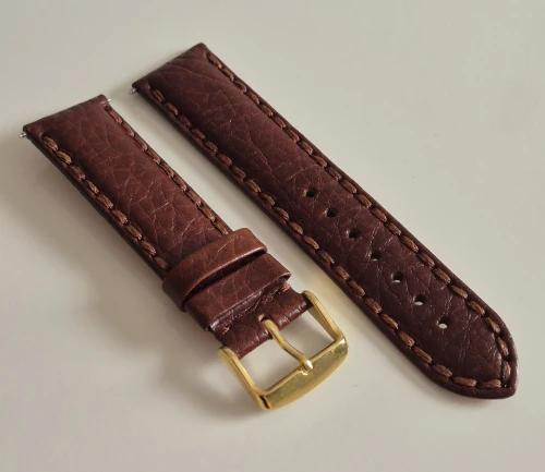 22mm Brown leather watch strap thick stitching Napoli style with gold plated buckle