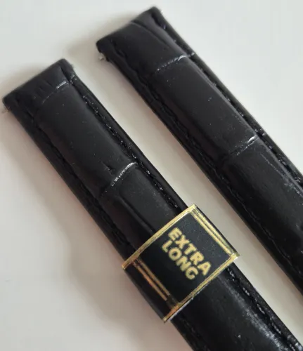 12mm Extra long Black leather watch strap Alligator grain with Gold plated pin buckle