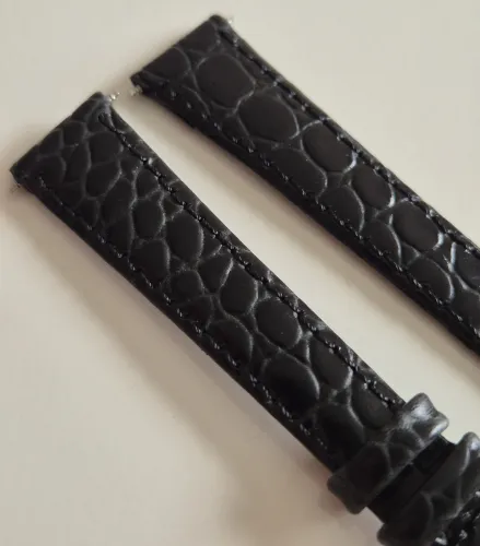 14mm Black leather watch strap Crocodile grain with tapered stainless steel pin buckle
