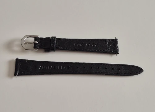 14mm Black leather watch strap Crocodile grain with tapered stainless steel pin buckle