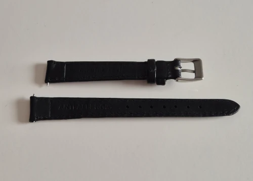 12mm Black leather watch strap light padding with square stainless steel pin buckle