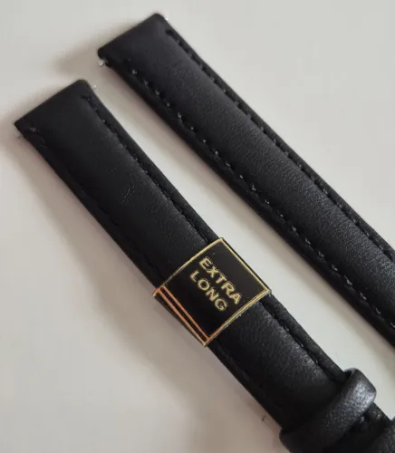 12mm Extra long Black leather watch strap with gold plated pin buckle