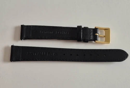 14mm Black leather watch strap padded calf grain with square gold plated pin buckle