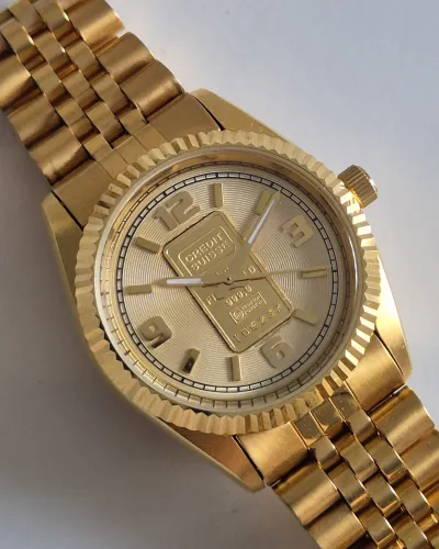 Swiss Ingot Quartz watch Solid 24ct gold ingot in dial Champagne dial Gold plated