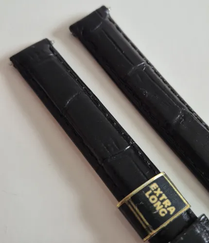 12mm Extra long Black leather watch strap Alligator grain with stainless steel pin buckle