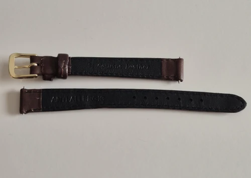 12mm Brown leather watch strap calf grain with gold plated pin buckle