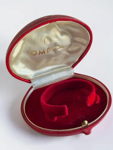 Vintage Omega Clam shell watch box Circa 1950s -1960s with outer box