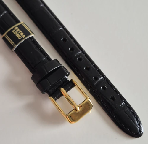 12mm Extra long Black leather watch strap Alligator grain with Gold plated pin buckle