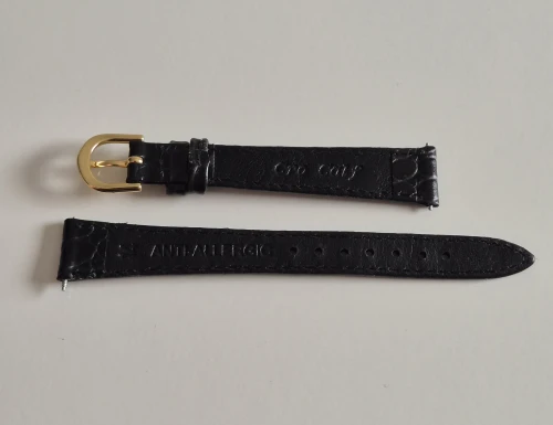 14mm Black leather watch strap Crocodile grain with tapered gold plated pin buckle